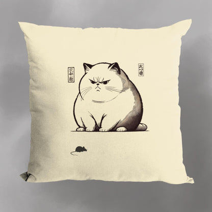 40x40cm Fairtrade cotton cushion cover with a traditional Japanese-style cat illustration, depicting a large, displeased feline with a mouse