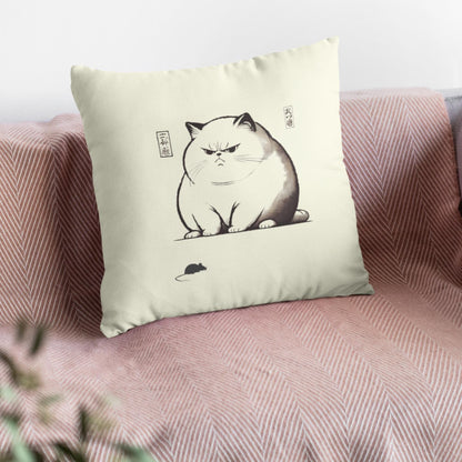 Minimalist Japanese art cushion cover featuring an oversized, moody cat in ukiyo-e style, perfect for cat lovers and unique home decor