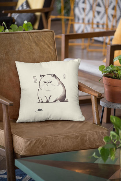 Grumpy cat cushion cover inspired by Japanese woodblock prints, showcasing a chonky feline sitting with an unimpressed expression