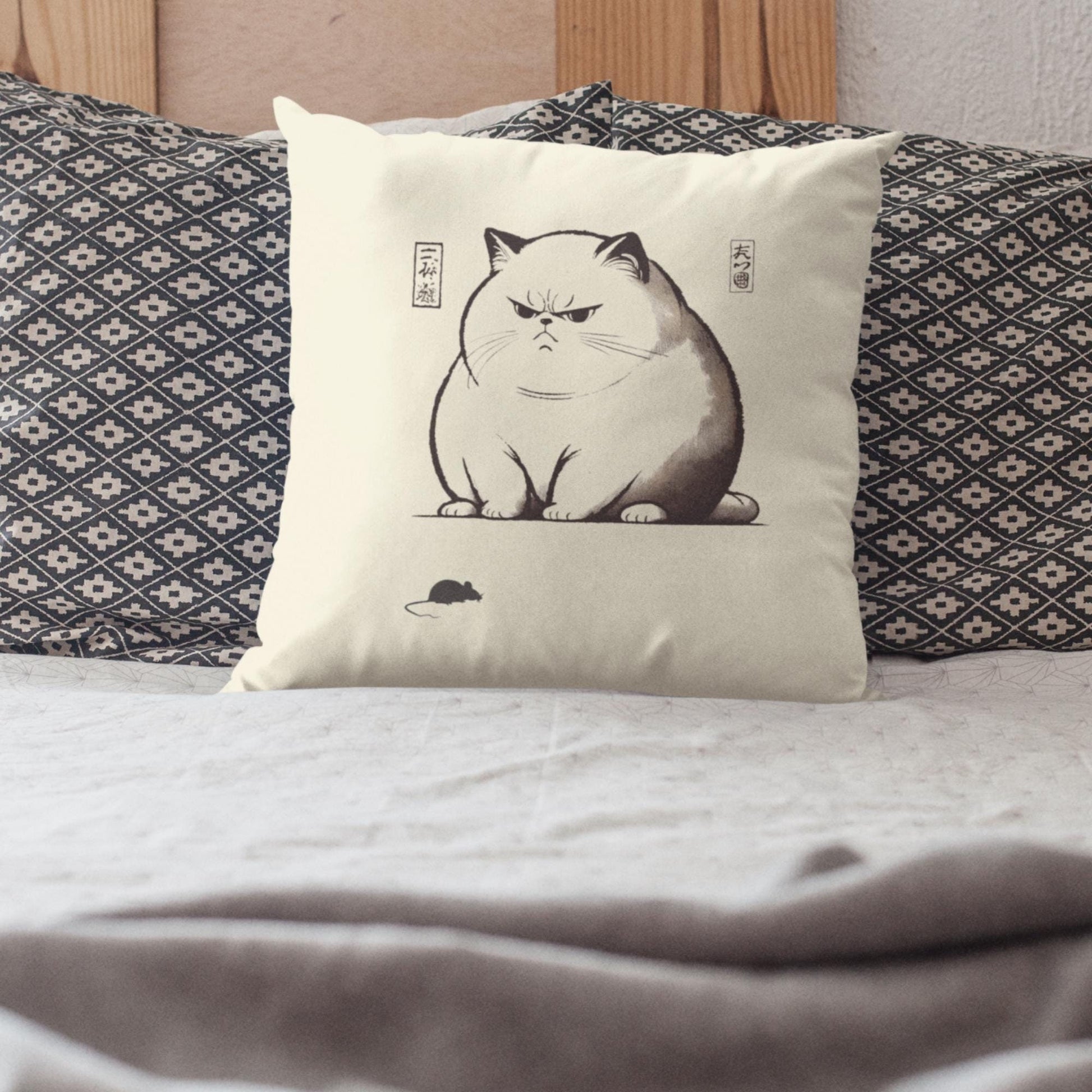 Chonky cat cushion cover featuring a Japanese ukiyo-e style illustration of a large, grumpy cat with intricate linework on a Fairtrade cotton canvas pillowcase
