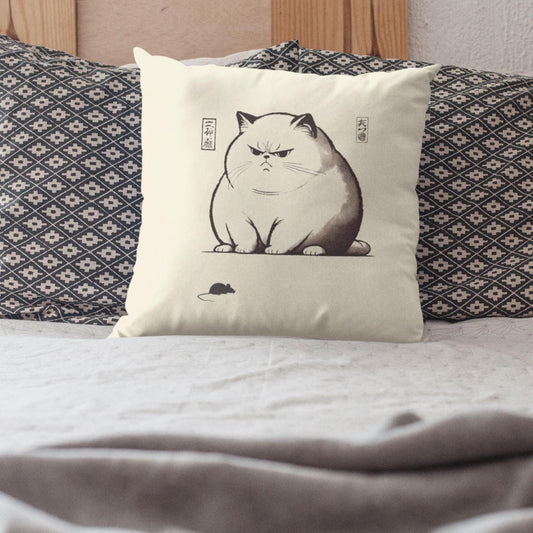 Chonky cat cushion cover featuring a Japanese ukiyo-e style illustration of a large, grumpy cat with intricate linework on a Fairtrade cotton canvas pillowcase