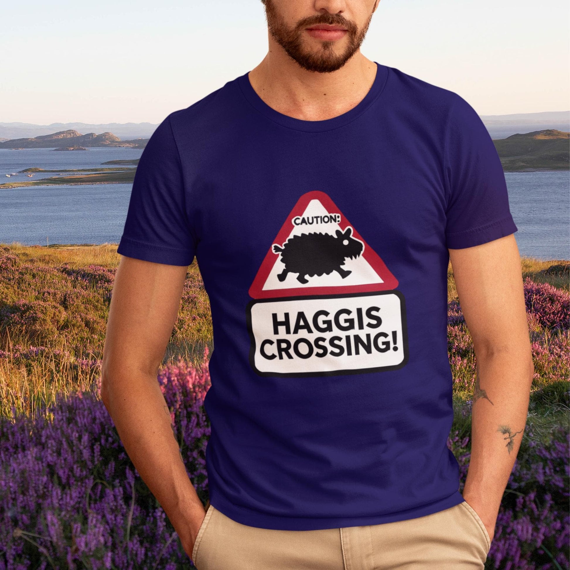 wild haggis myth, Scottish wildlife joke, gift for Scotsmen, funny Scottish gift, unisex travel souvenir, unique Scotland present, Highland road sign, mythical Scotland creature, hiking in Scotland tee, Scotland adventure shirt