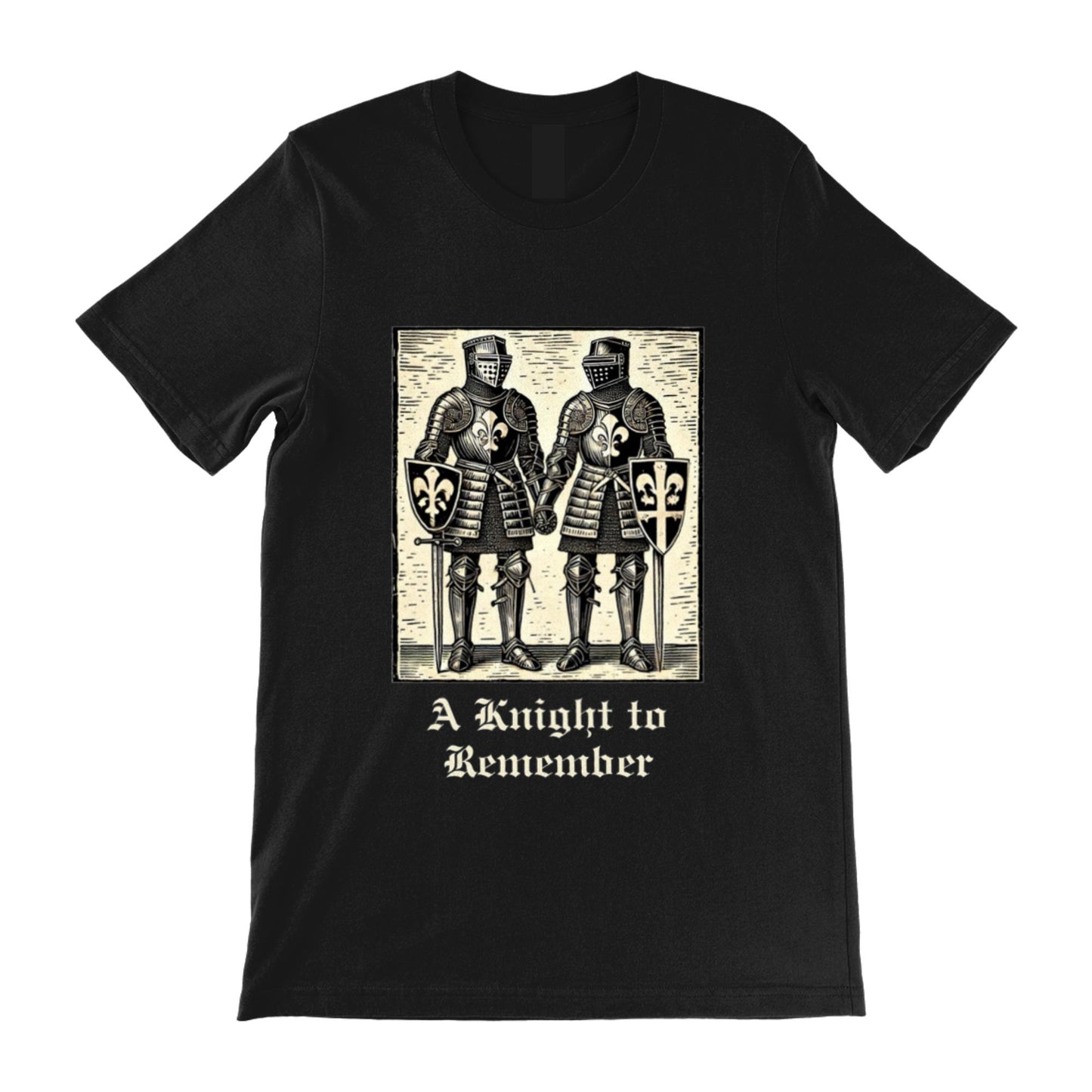Renaissance fair and pride-themed shirt displaying two gay knights in plate armour holding hands, with a distressed medieval print and gothic lettering.