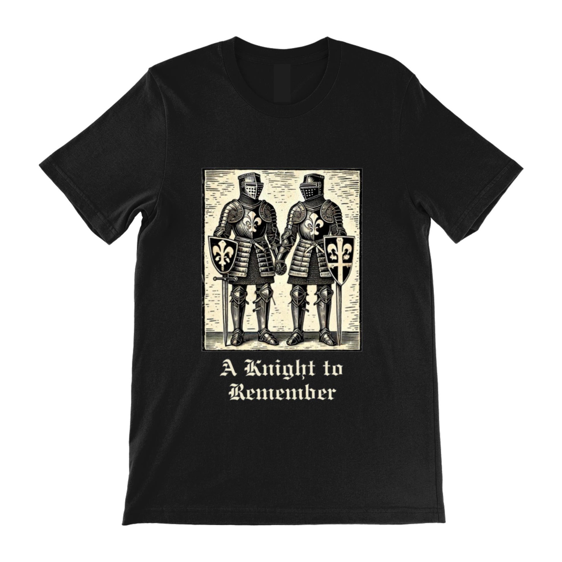 Renaissance fair and pride-themed shirt displaying two gay knights in plate armour holding hands, with a distressed medieval print and gothic lettering.