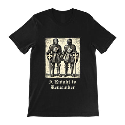 Renaissance fair and pride-themed shirt displaying two gay knights in plate armour holding hands, with a distressed medieval print and gothic lettering.