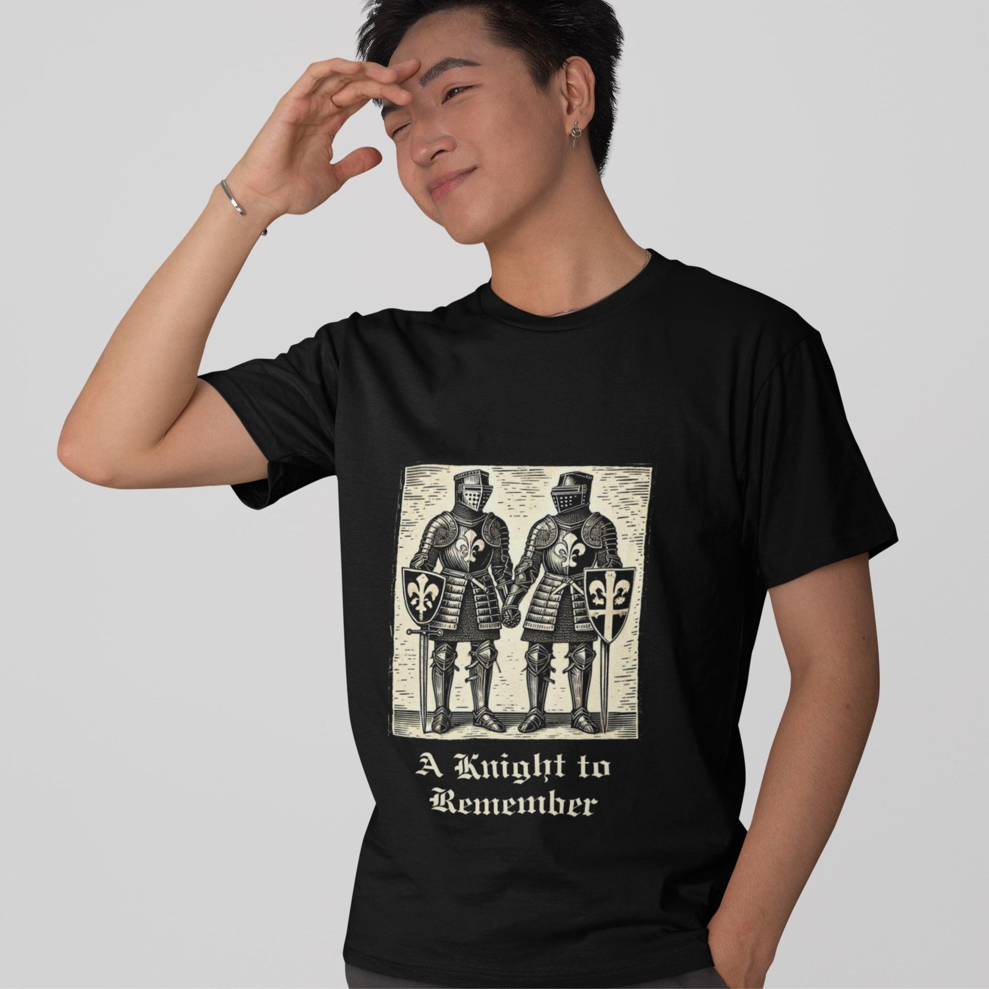 Funny medieval pun t-shirt with two armoured knights holding hands in a woodcut art style, celebrating gay love with a classic gothic text design.