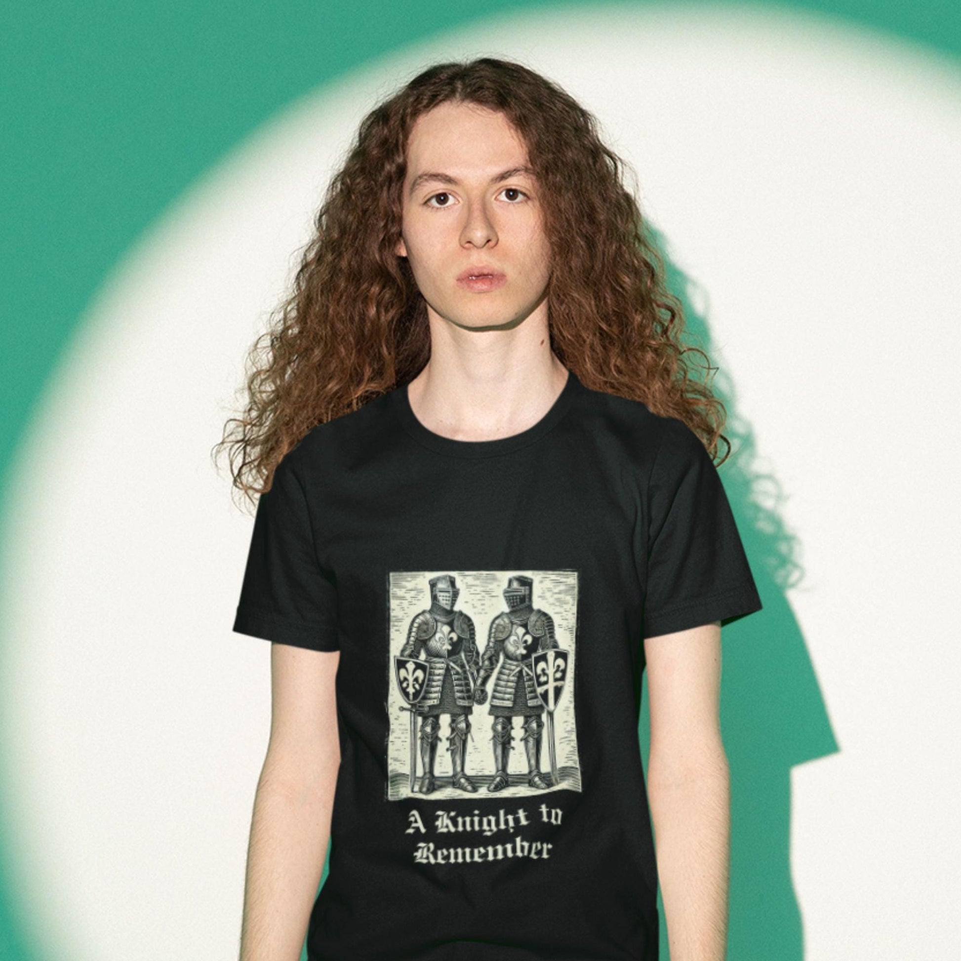 LGBTQ+ medieval history-inspired t-shirt with two armoured warriors holding hands, symbolizing chivalry, love, and inclusivity in a knightly way.