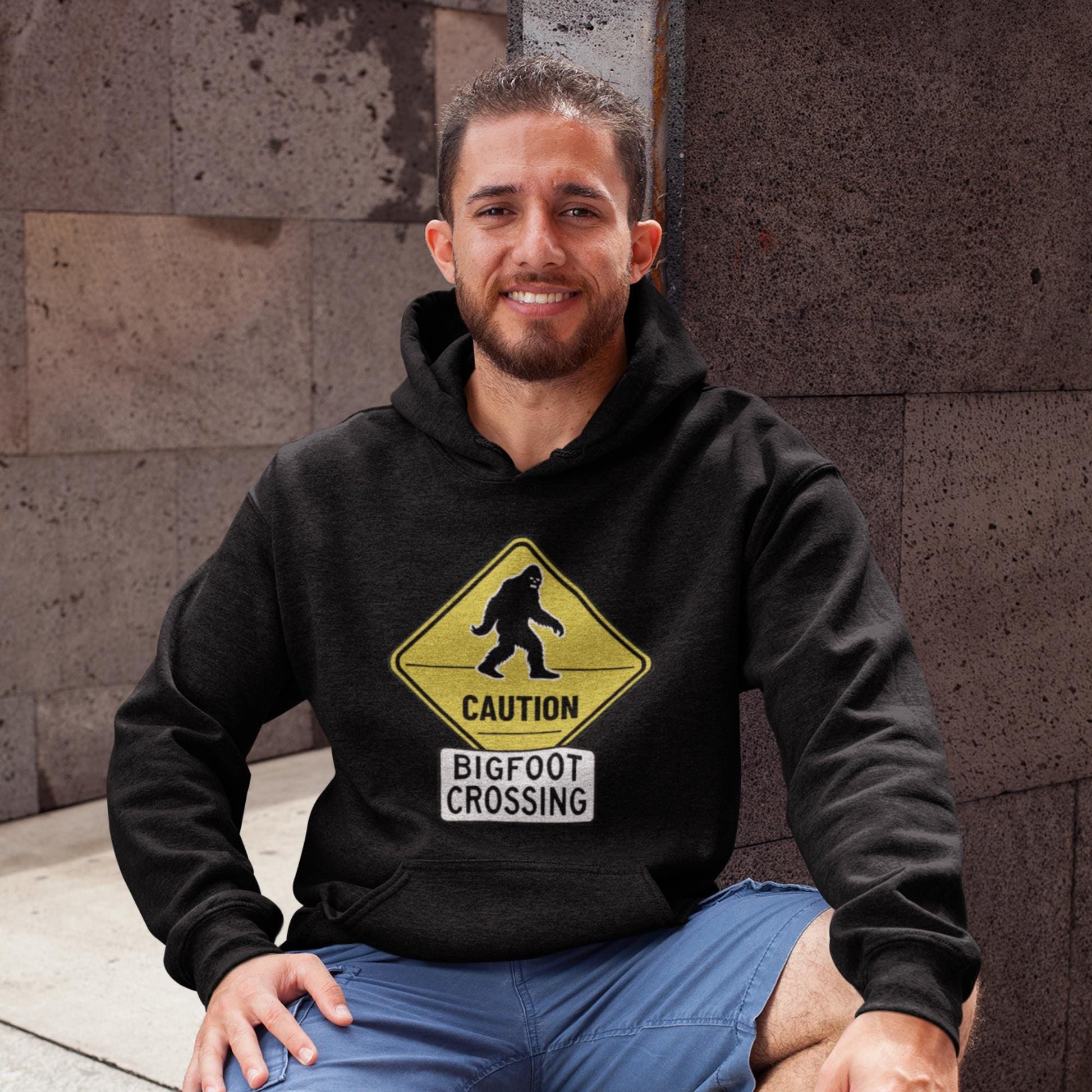 Bigfoot crossing hoodie, Sasquatch hunting gear, cryptid sweatshirt, hiking hoodie, outdoor adventure apparel