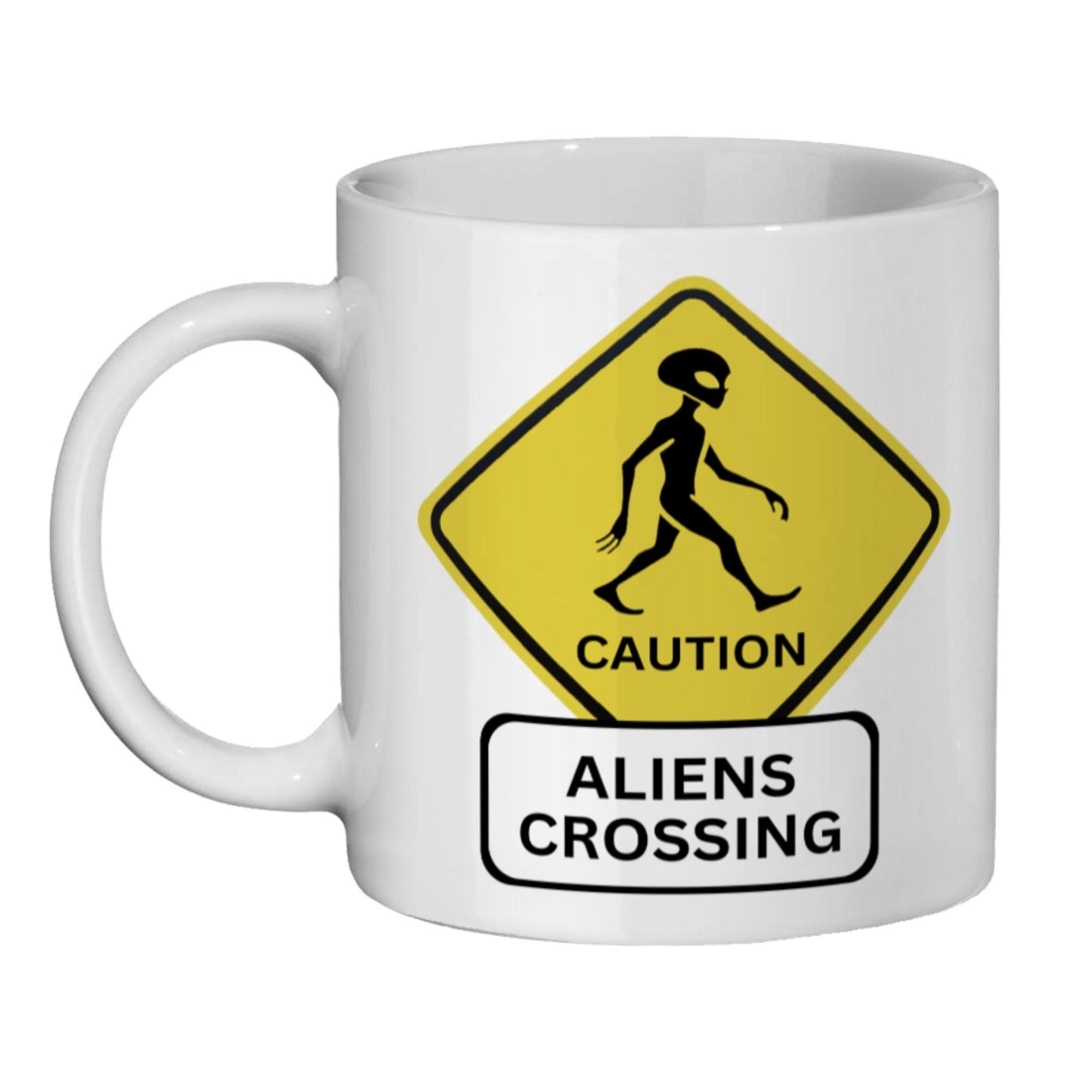 Area 51 enthusiast mug, black and yellow alien sign, alien themed birthday gift, coffee mug for UFO fans, unexplained mysteries gift, alien abduction believer