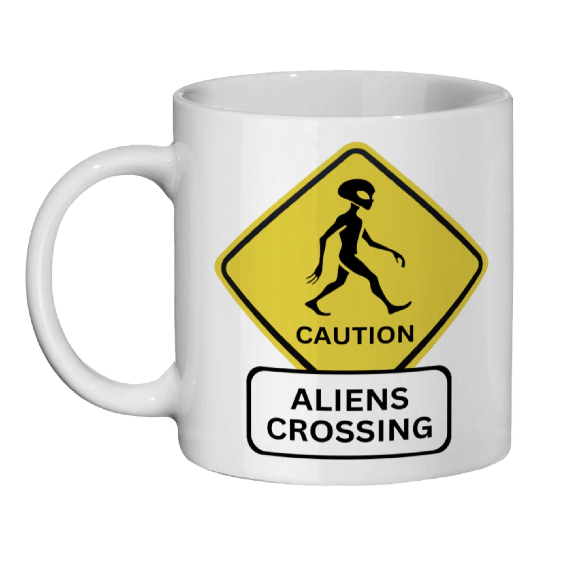 Area 51 enthusiast mug, black and yellow alien sign, alien themed birthday gift, coffee mug for UFO fans, unexplained mysteries gift, alien abduction believer