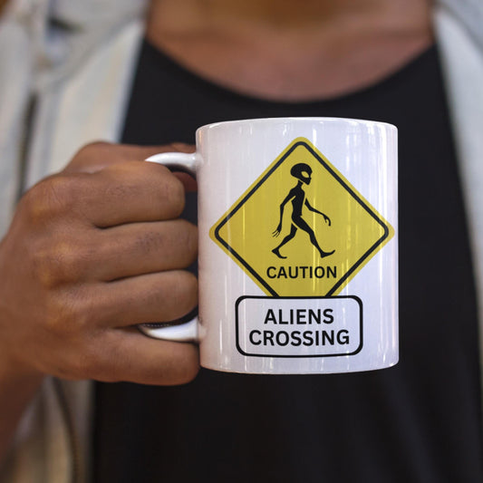 alien crossing mug, UFO coffee mug, funny sci-fi mug, Area 51 gift, extra-terrestrial coffee cup