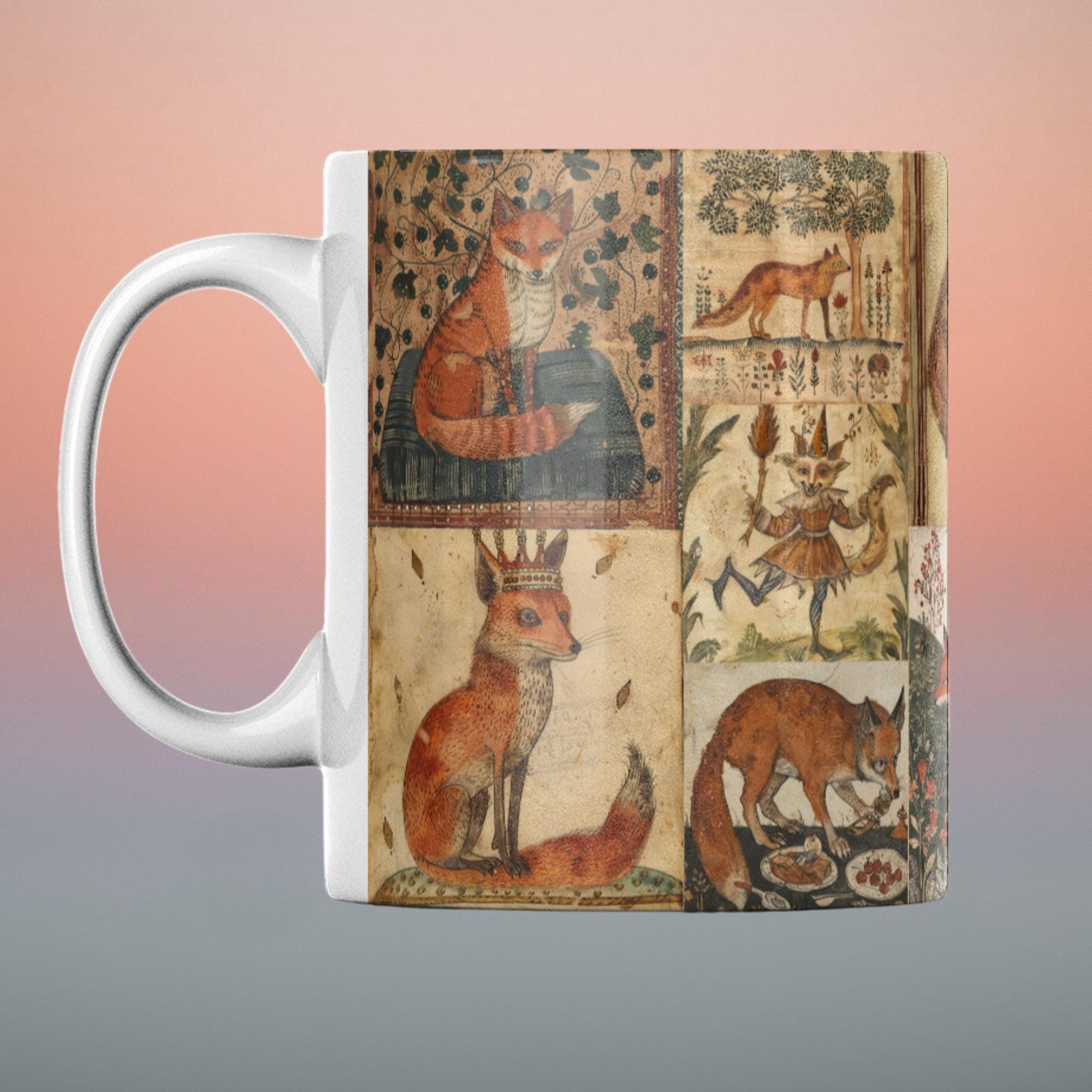 A white ceramic mug printed with a medieval manuscript-style fox design on an aged parchment background. Fox lover gift idea, fox collector mug.