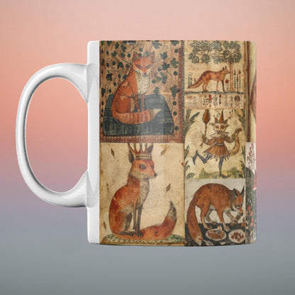A white ceramic mug printed with a medieval manuscript-style fox design on an aged parchment background. Fox lover gift idea, fox collector mug.