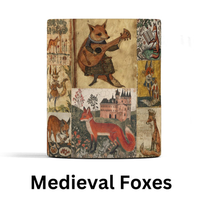 A ceramic mug featuring an intricate medieval manuscript fox design, inspired by historical illuminated manuscripts with warm, earthy tones and decorative foliage.
