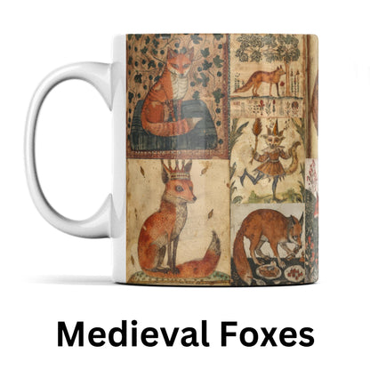 A quirky ceramic mug featuring medieval foxes doing medieval things—wearing crowns, playing lutes, reading books, and generally looking majestic on an aged manuscript background.