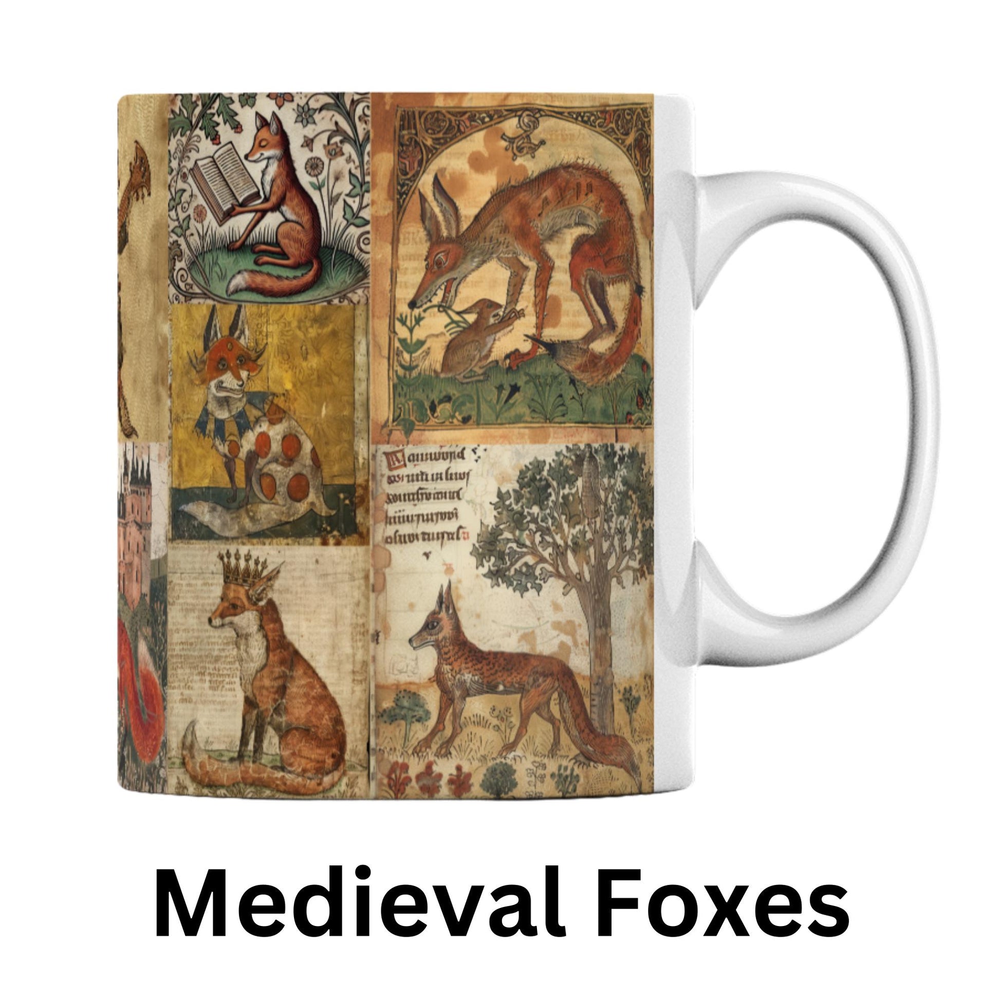 A high-quality ceramic mug with a wrap-around medieval fox design. The artwork is printed in rich, aged tones, mimicking an authentic medieval manuscript illustration.