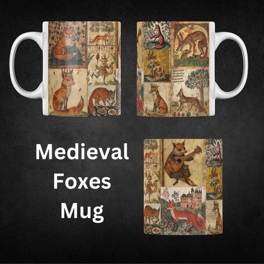 mug with a collage of medieval manuscript-style illustrations featuring foxes in various scenes. The foxes are depicted in traditional medieval art style with rich, aged parchment backgrounds, wearing crowns, playing instruments, and engaging in storytelling poses. The artwork includes intricate floral and vine decorations, faded text, and illuminated manuscript elements, creating an authentic historical aesthetic