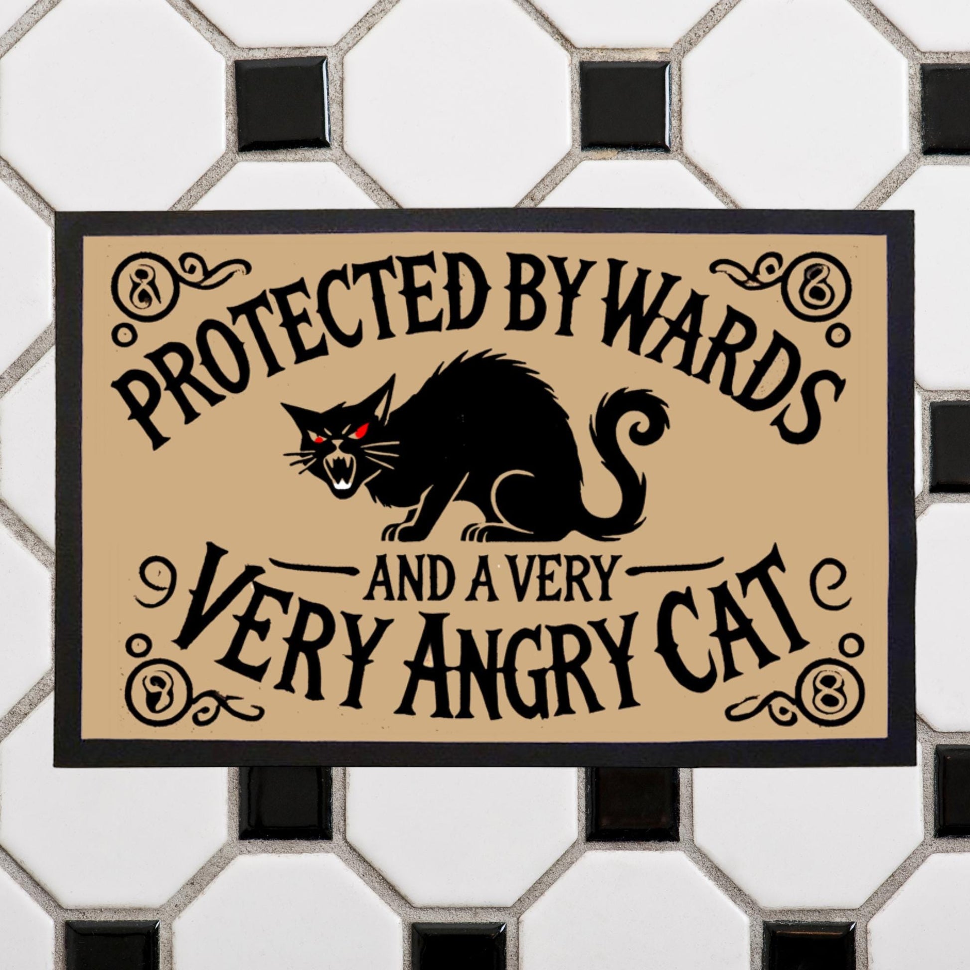 Funny cat doormat with mystical ward protection theme, Witchcraft entryway rug with black cat and magical symbols.
