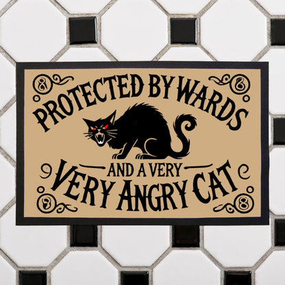 Funny cat doormat with mystical ward protection theme, Witchcraft entryway rug with black cat and magical symbols.
