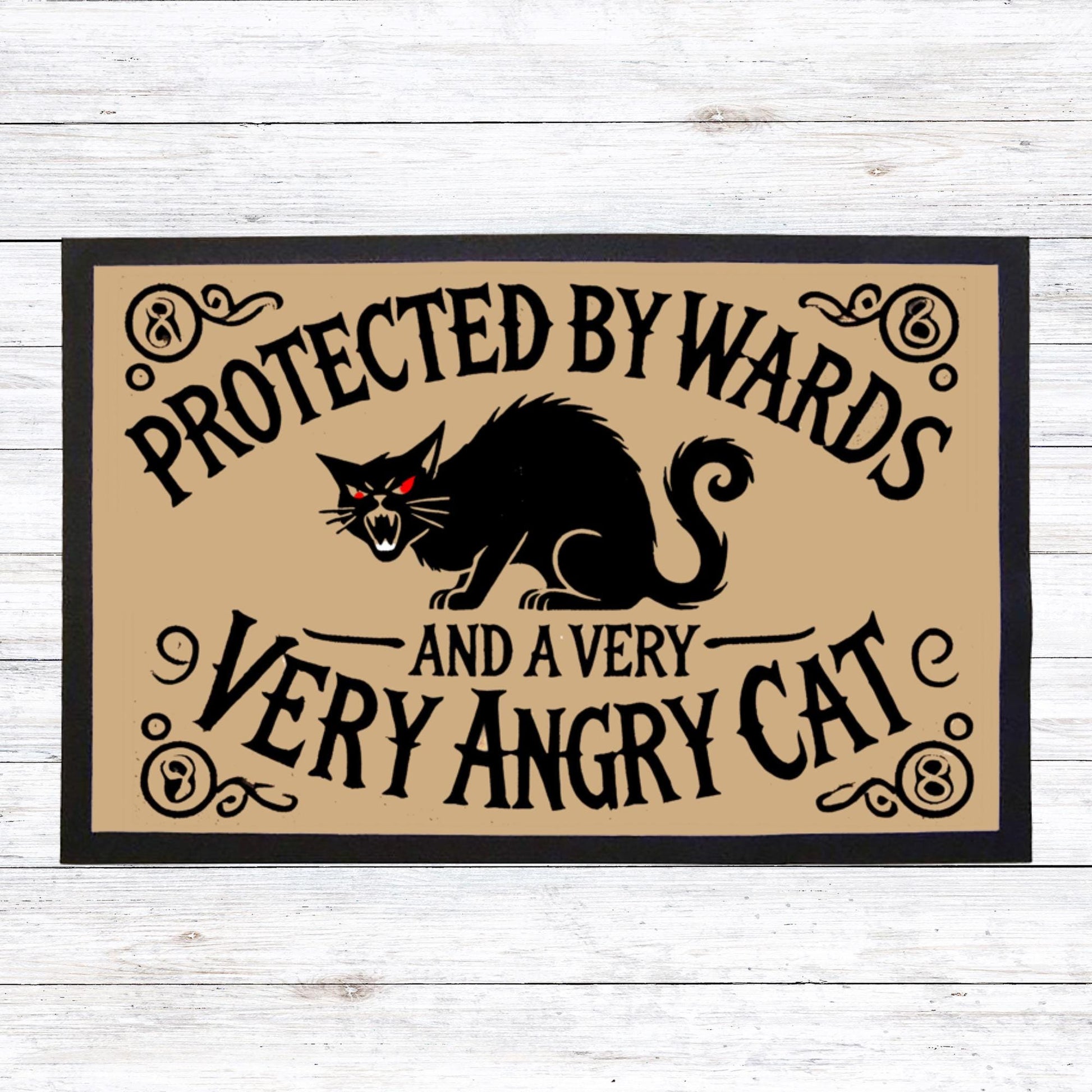 Witchy doormat with black cat and occult symbols, Gothic home decor indoor mat with angry cat design.