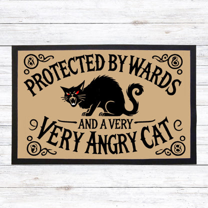 Witchy doormat with black cat and occult symbols, Gothic home decor indoor mat with angry cat design.