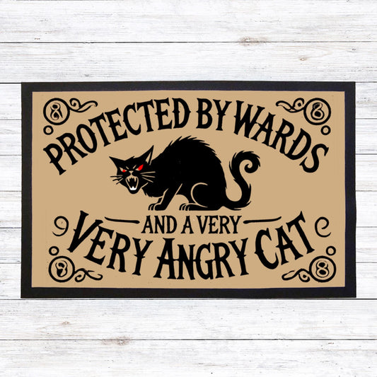 Witchy doormat with black cat and occult symbols, Gothic home decor indoor mat with angry cat design.
