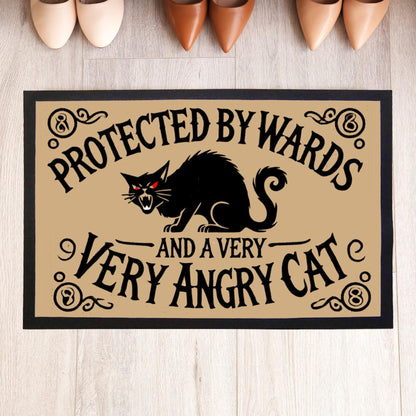 Dark humour home decor mat for cat lovers and witches, Wiccan aesthetic doormat with protective black cat illustration.