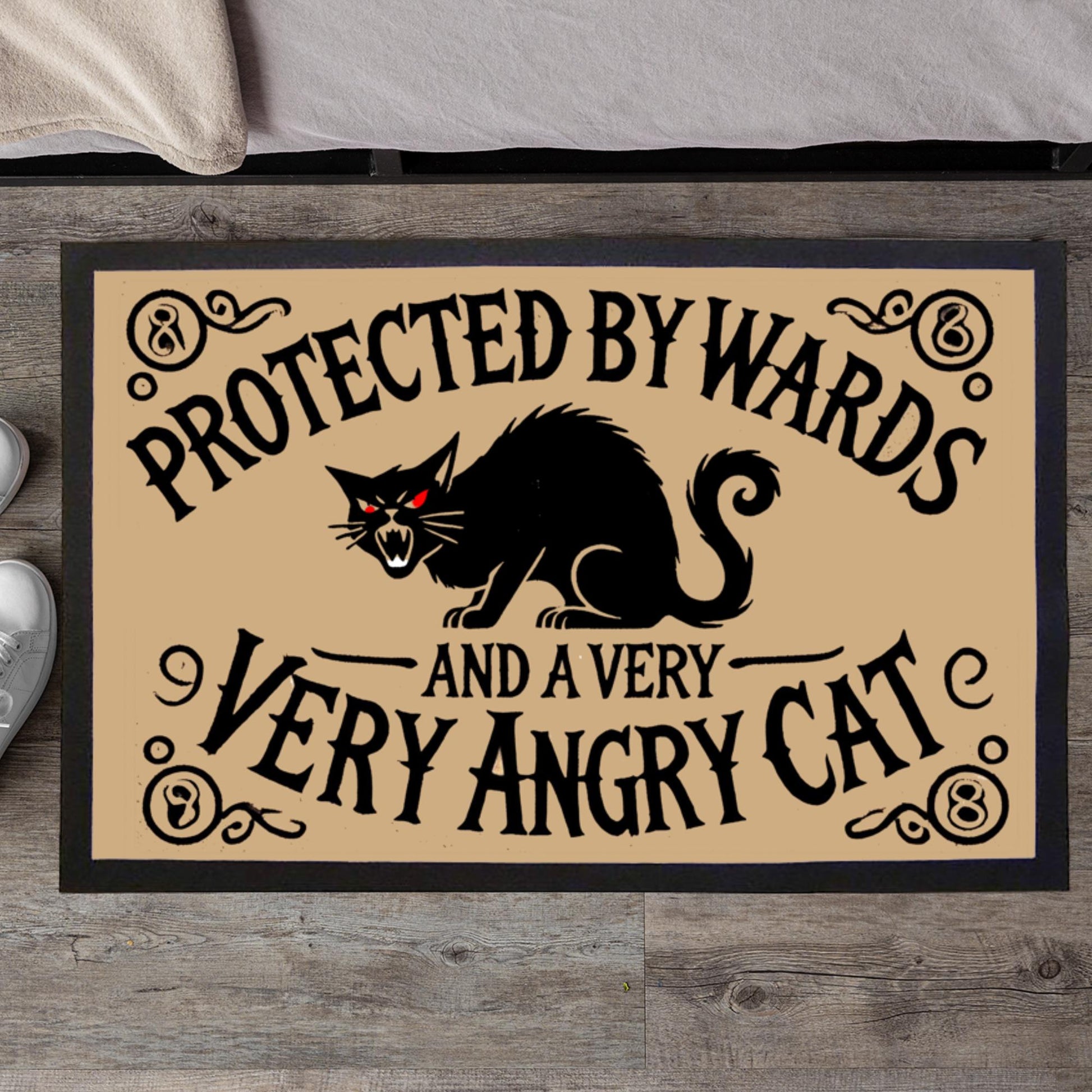 Mystical black cat doormat with witchy ward protection, Gothic entryway rug with spooky cat and occult design.