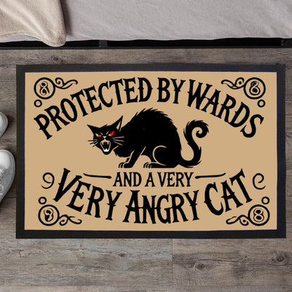 Mystical black cat doormat with witchy ward protection, Gothic entryway rug with spooky cat and occult design.