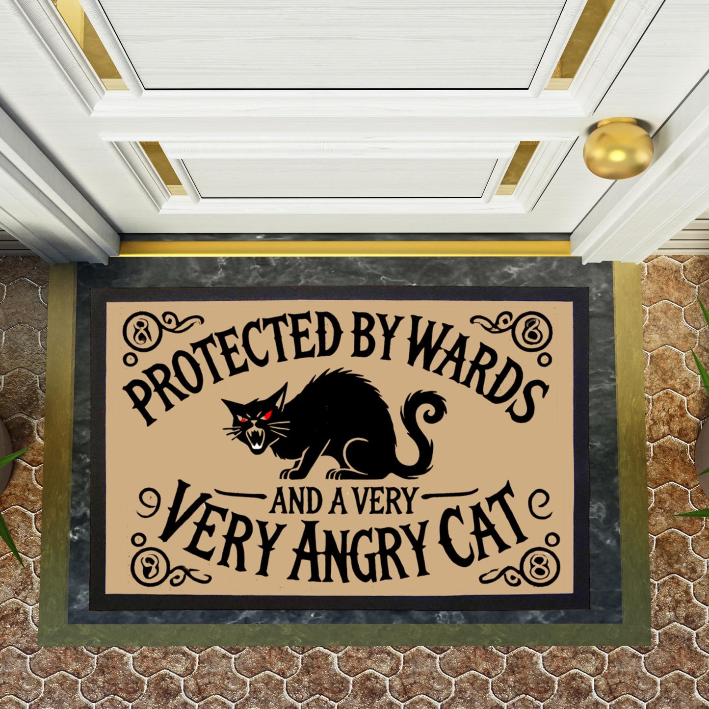 Spooky Halloween-themed doormat with a creepy cat design, Unique gothic gift for cat lovers, witches, and dark decor fans.