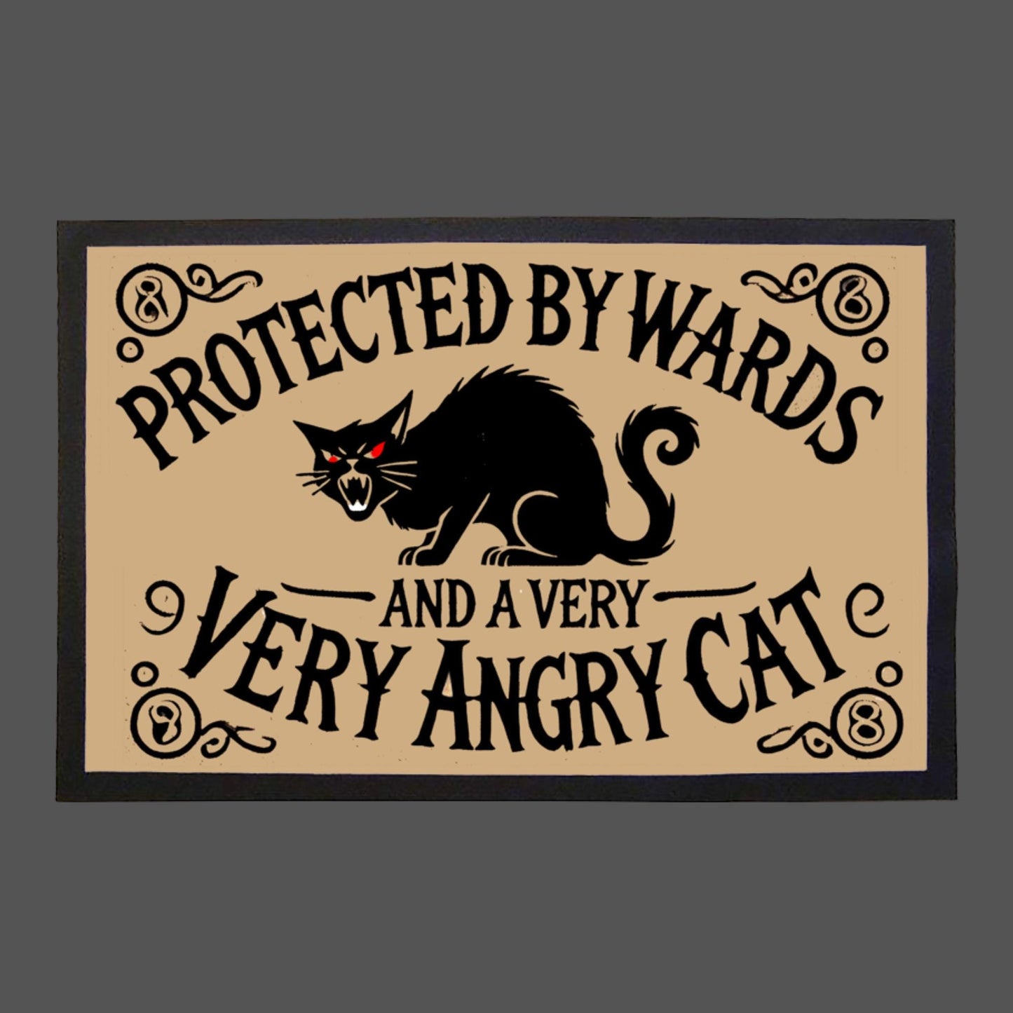 Creepy cat doormat for Halloween and gothic decor lovers, Occult-themed indoor mat with a fierce black cat illustration.