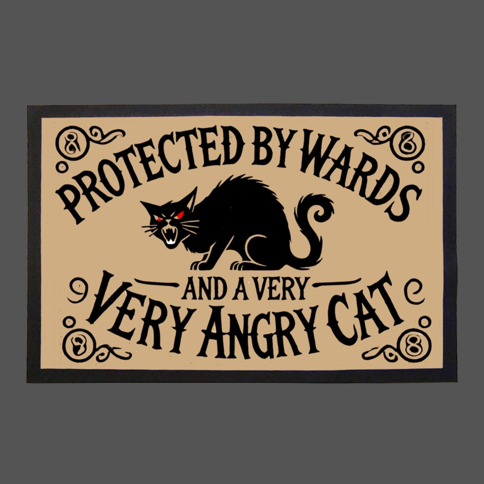 Creepy cat doormat for Halloween and gothic decor lovers, Occult-themed indoor mat with a fierce black cat illustration.