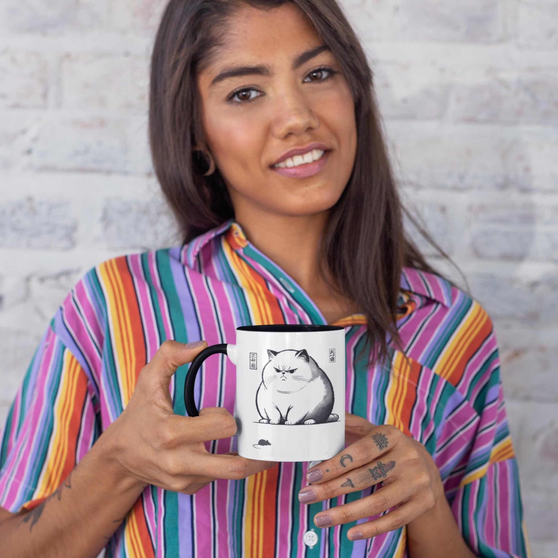 Ukiyo-e Grumpy Cat Mug – A black and white two-tone ceramic mug featuring a fat, grumpy cat illustrated in the Ukiyo-e style, reminiscent of vintage Japanese woodcut prints. A must-have for fans of traditional Japanese art and feline humour.