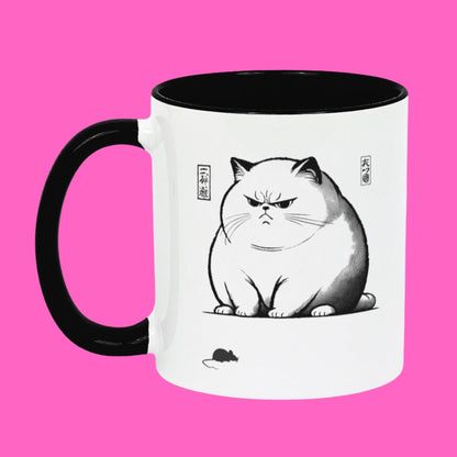 Japanese Chonky Cat Mug – A black and white two-tone coffee mug featuring a grumpy, chonky Japanese-style cat illustration with a tiny mouse. Perfect for cat lovers, anime fans, and those who love funny aesthetic mugs.