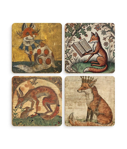 Medieval Fox Coasters: Illuminated Manuscript Art, Set of 4