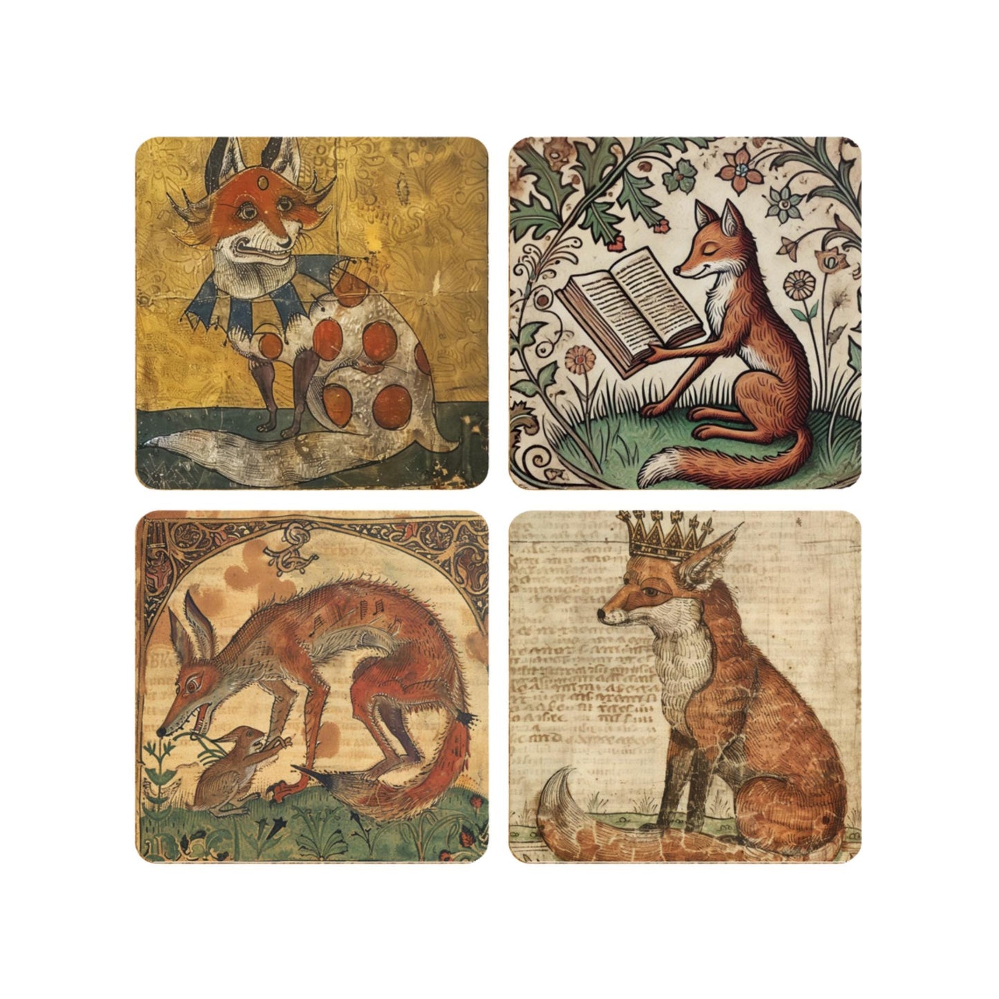 Medieval Fox Coasters: Illuminated Manuscript Art, Set of 4
