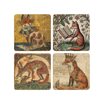 Medieval Fox Coasters: Illuminated Manuscript Art, Set of 4
