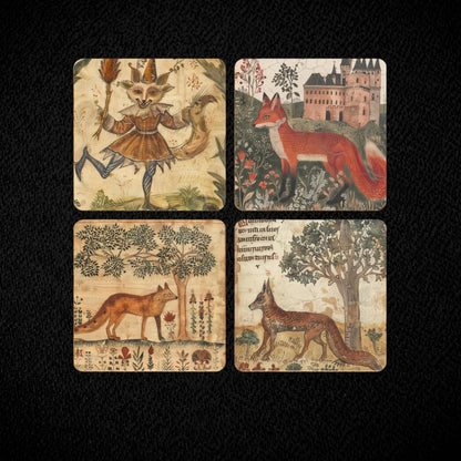 The complete set of four full-bleed medieval fox designs shown together from above
