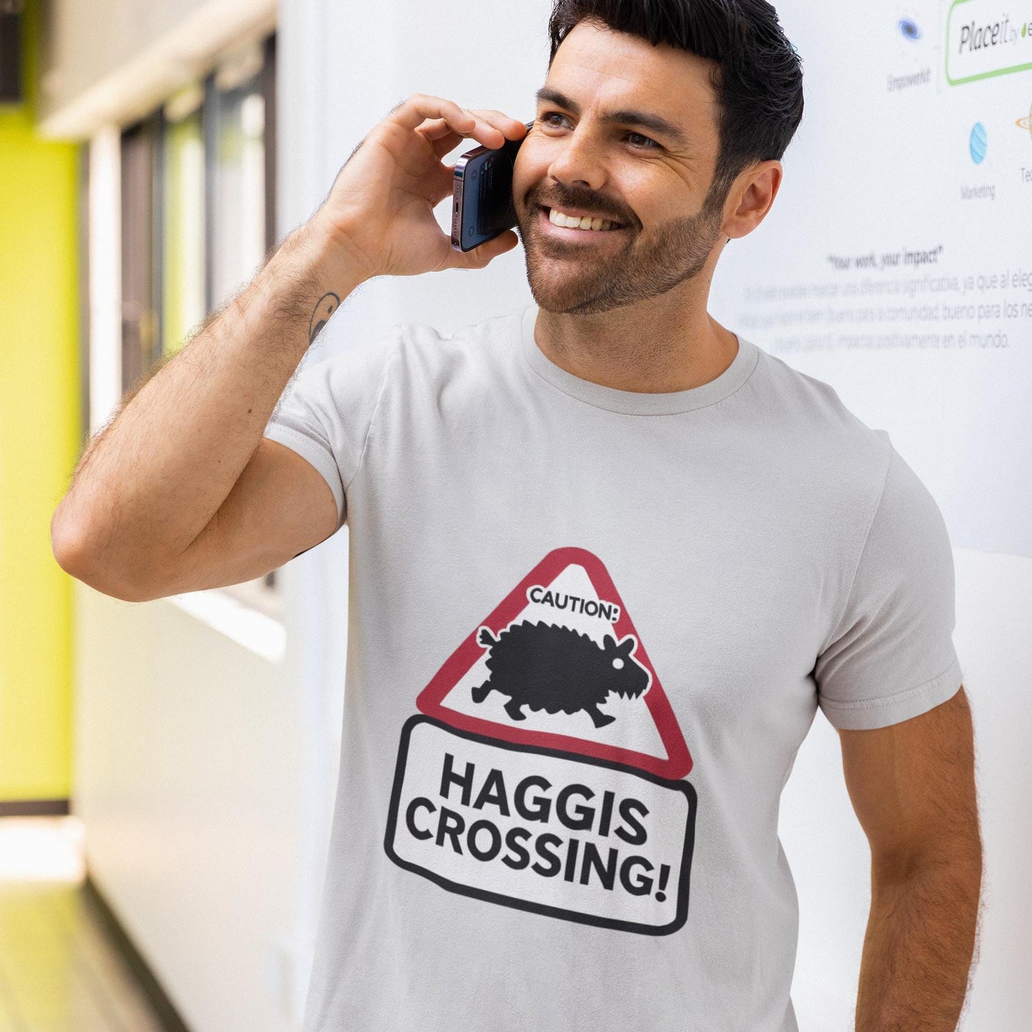 haggis crossing sign, Scotland lover gift, quirky Scottish t-shirt, unisex Scottish humour, Highland gift idea, St Andrew’s Day gift, Scottish folk legend, mythical animal t-shirt, Scotland road sign tee, funny Scottish novelty