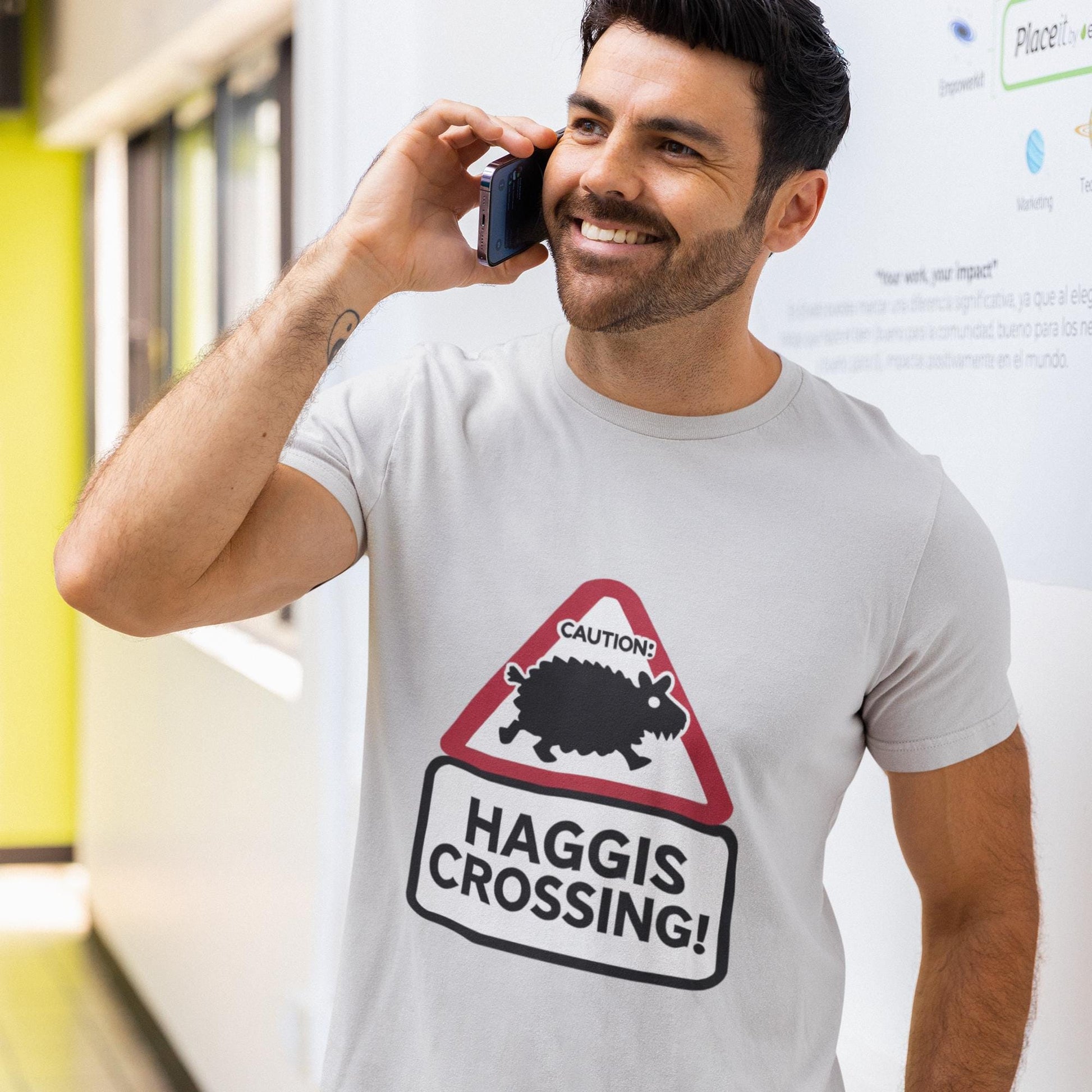 haggis crossing sign, Scotland lover gift, quirky Scottish t-shirt, unisex Scottish humour, Highland gift idea, St Andrew’s Day gift, Scottish folk legend, mythical animal t-shirt, Scotland road sign tee, funny Scottish novelty