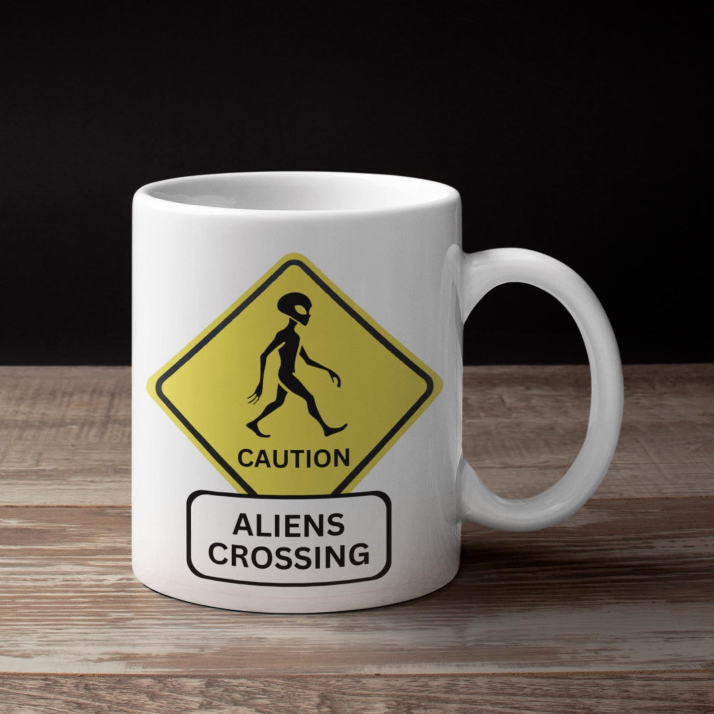 11oz ceramic alien mug, geeky sci-fi coffee cup, outer space gift idea, humorous alien sign, alien road sign mug