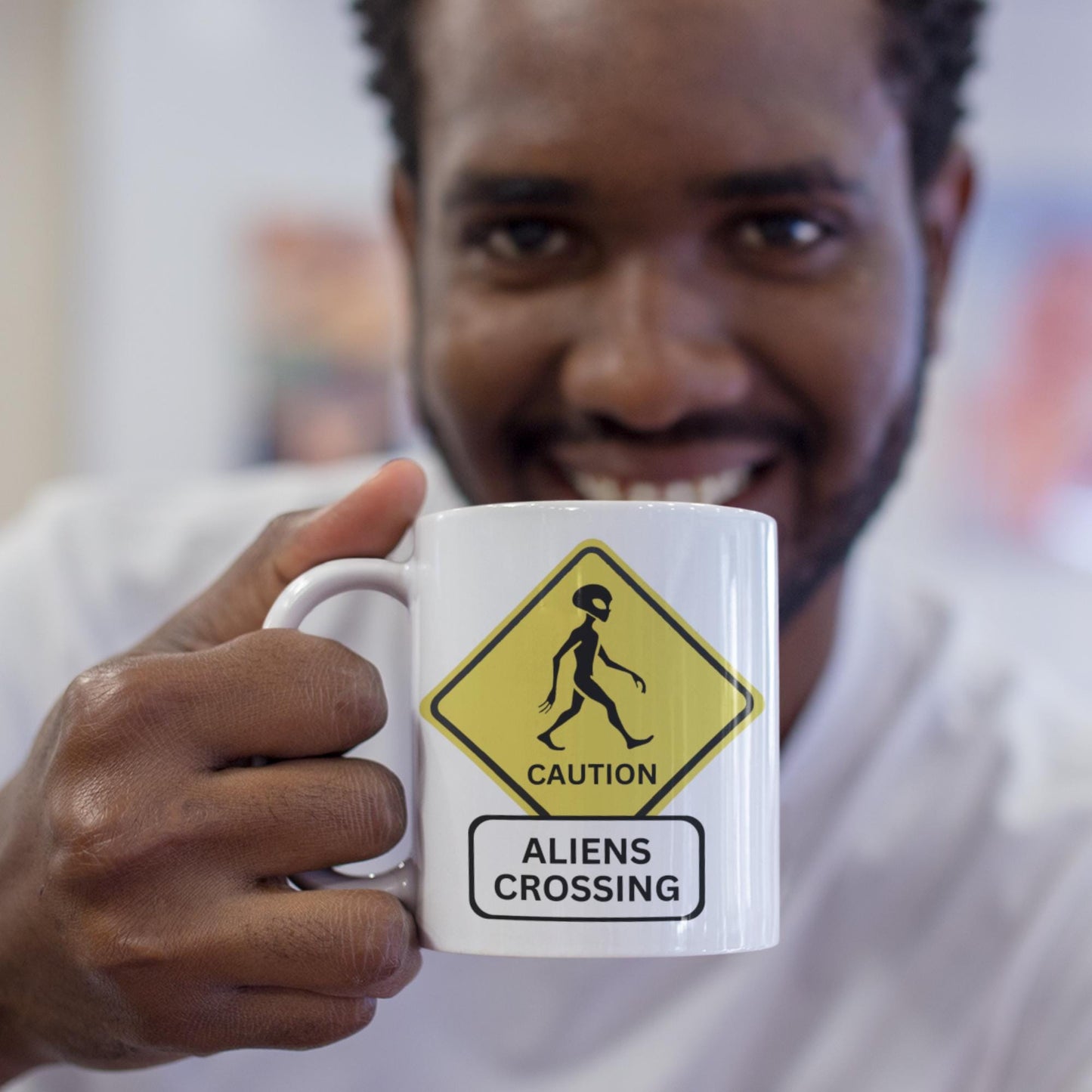 caution aliens crossing sign, UFO hunter mug, conspiracy theory gift, paranormal coffee mug, Roswell alien mug