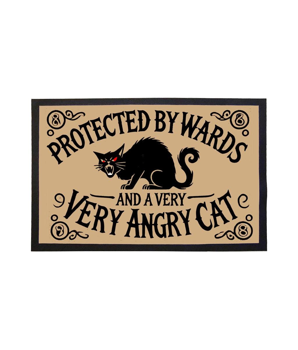 Alternative home decor rug for Wiccans and cat lovers, Protective cat doormat with dark humour and witchy charm.