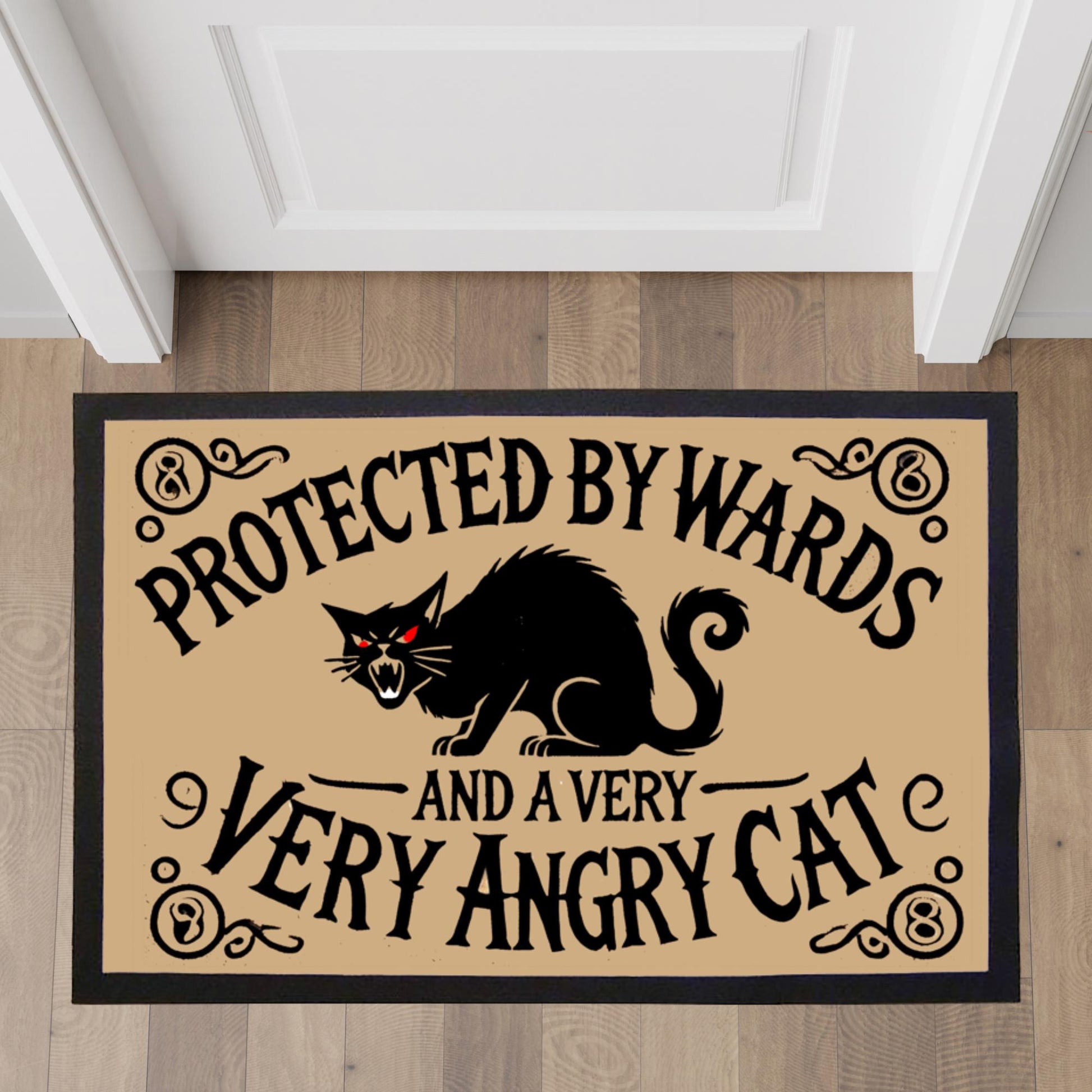 Indoor door mat featuring an angry cat and witchy vibes, Black cat home accessory for goth, occult, and Wiccan homes.