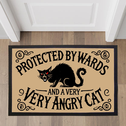 Indoor door mat featuring an angry cat and witchy vibes, Black cat home accessory for goth, occult, and Wiccan homes.