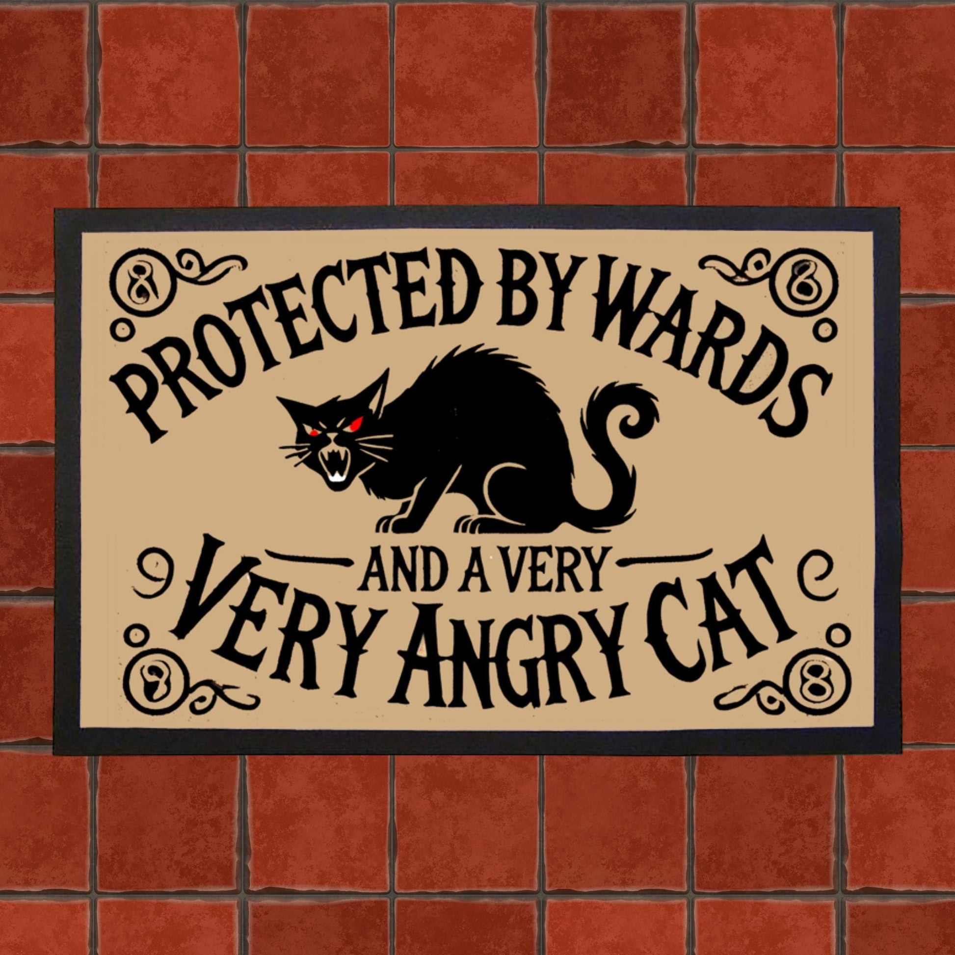 Funny witch doormat featuring an angry black cat, Witchy home decor mat with magical protection symbols.
