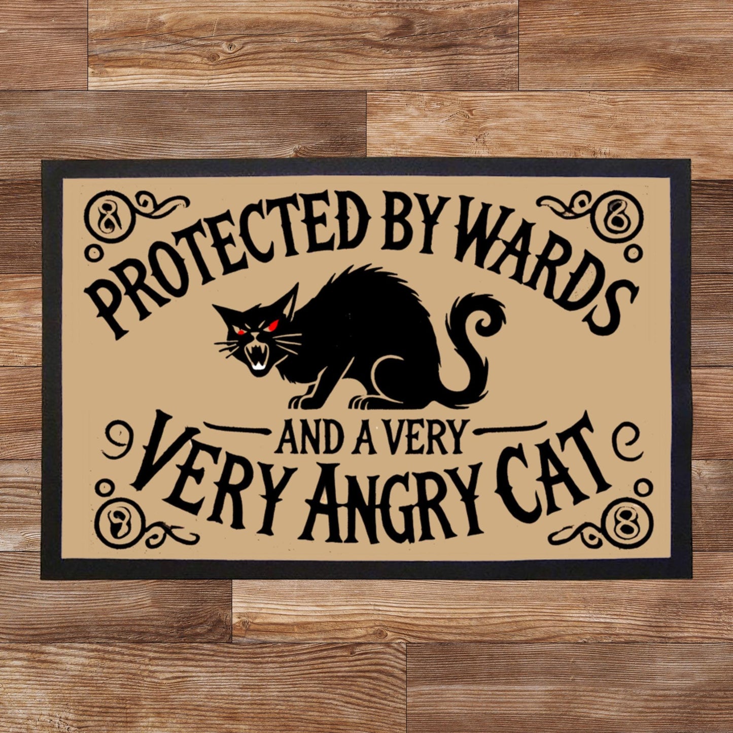 Vintage-style gothic doormat for alternative home styling, Magical black cat indoor rug for witches and spiritual homes.