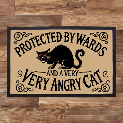 Vintage-style gothic doormat for alternative home styling, Magical black cat indoor rug for witches and spiritual homes.