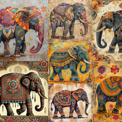 Exotic Indian elephant mug with a unique collage of artistic, heavily patterned elephants, ideal for a bohemian gift or home decor.