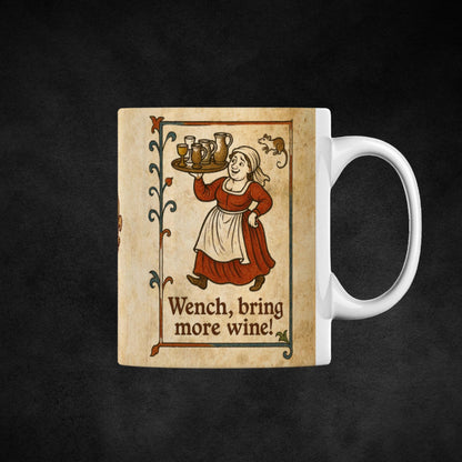 A medieval illustration featuring a woman with a tray of wine and goblets, with medieval floral decorations and funny text